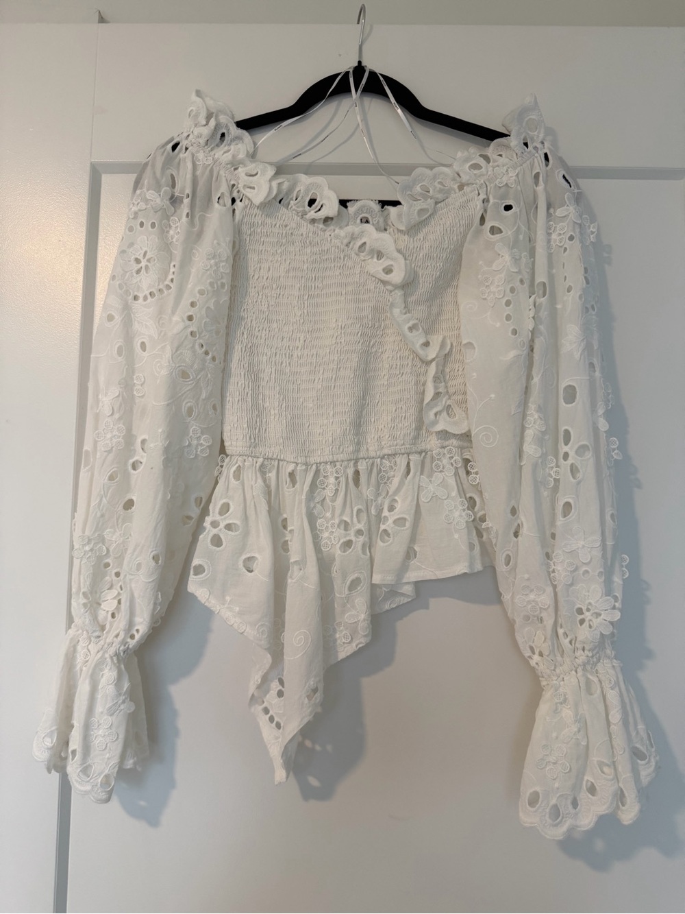 Elliatt White Eyelet Smocked Peplum Off-Shoulder Blouse